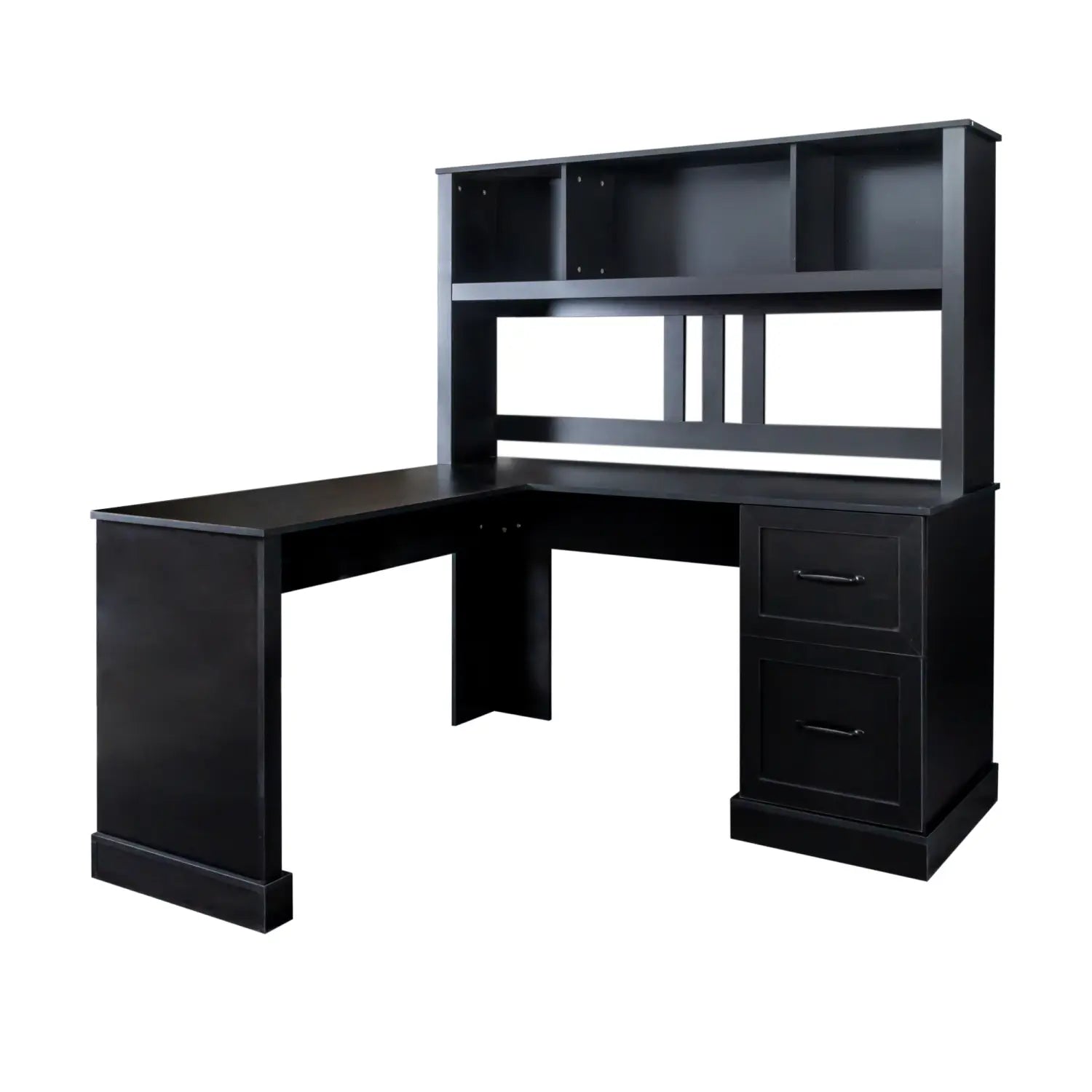 Bureau d’ordinateur en forme de L noir avec hutch intégré, doté de deux tiroirs et d’étagères ouvertes pour l’organisation du bureau et l’efficacité de l’espace de travail.