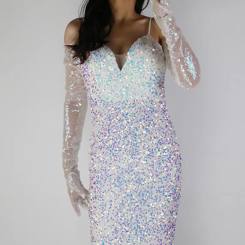 a shimmering white sequined bodycon dress with iridescent blue and purple accents paired with matching sheer mesh finger gloves from the sequined mesh finger gloves set