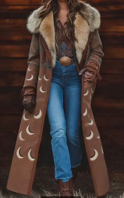 Damen-Retro-Langmantel aus braunem Leder mit kuscheligem Pelzkragen und cremefarbenen Halbmondmustern entlang der Ärmel.