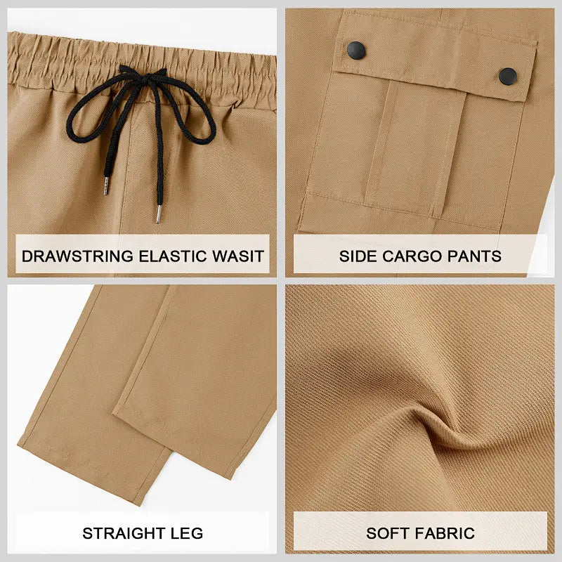 Mens straight leg cargo work pants in khaki featuring side cargo pockets, a drawstring elastic waist with black cord ties, and soft fabric for comfort.