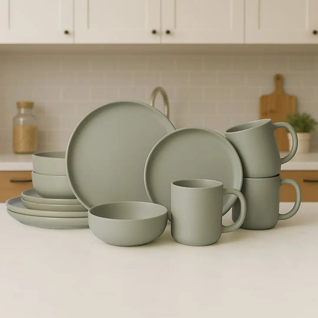 ensemble de vaisselle en grès cérame vert sauge mat, 12 pièces, au design minimaliste moderne, adapté à trois personnes.