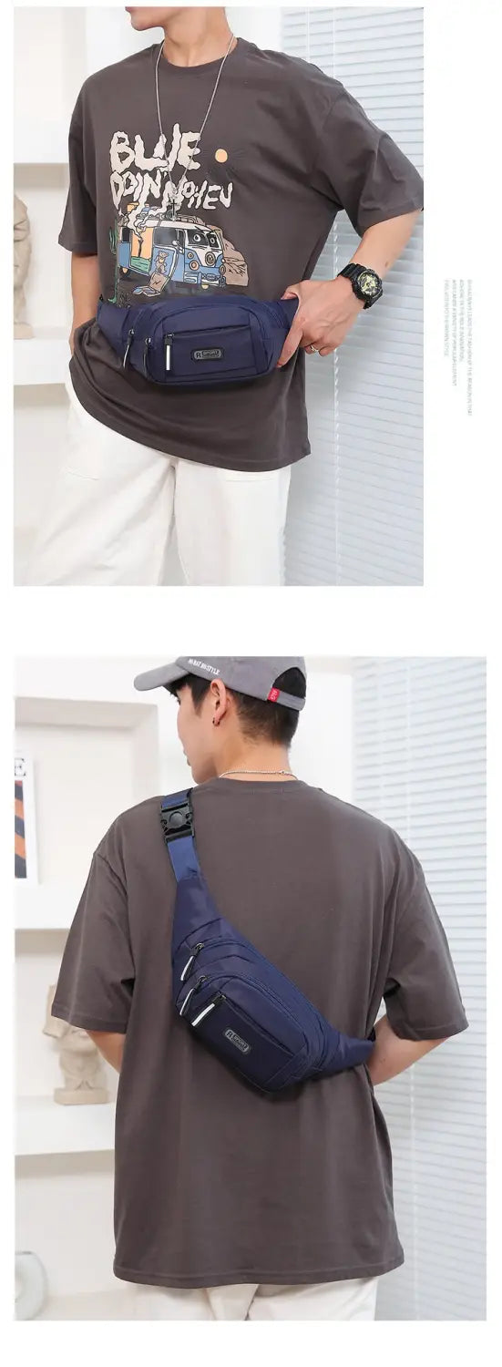 Navy blue waterproof nylon men’s multifunctional crossbody waist bag with multiple pockets and adjustable strap.