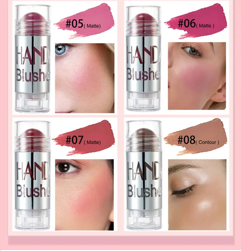 cream blush stick long lasting face highlighter in matte and contour blush sticks with clear cylindrical tubes silver metallic caps featuring shades 05 pink 06 magenta 07 rose and 08 beige