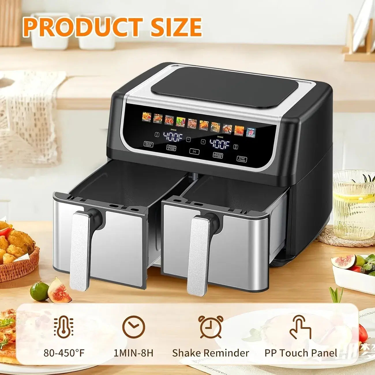 Schwarze und silberne Doppelkörbchen-Heißluftfritteuse mit digitalem Touchpanel-Display und 10 Voreinstellungen für vielseitiges Garen bei einem Fassungsvermögen von 9,5 Quart.