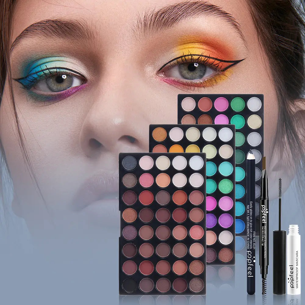 three black rectangular eyeshadow palettes with assorted vibrant circular pans accompanied by a waterproof eyeliner pencil and mascara in the makeup set popfeel festive red gift kit 27 pcs.