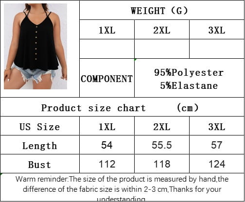 Black button front v-neck tank top plus size featuring spaghetti straps and a frayed hem in a soft fabric.