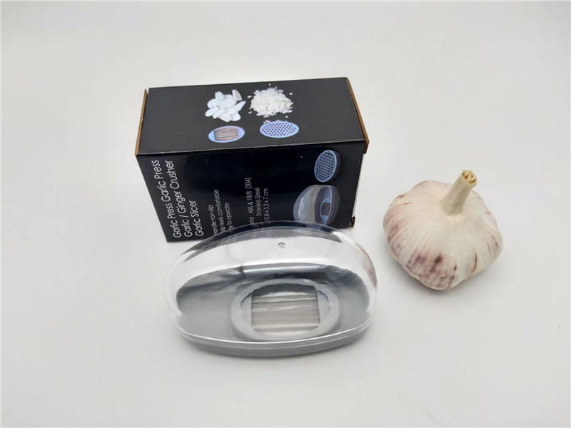 Presse-ail argenté de forme ovale avec lames en acier inoxydable et un couvercle en plastique transparent dans un étui gris.