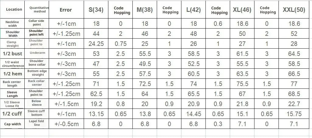 This detailed size chart displays measurements in centimeters for the men casual digital print suit two piece set across sizes from small to XXL.
