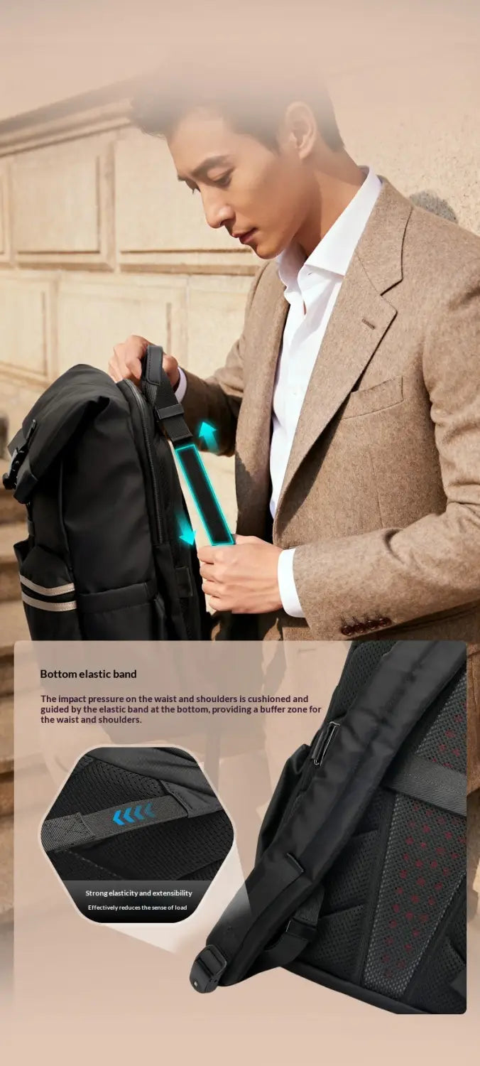 black roll top business backpack with elastic waistband and shoulder straps featuring glowing blue accents along the side