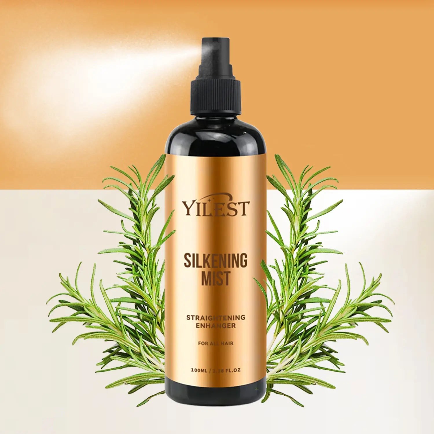 Yilest silkening mist hair spray oil control in a sleek black bottle with a gold label designed as a straightening enhancer for all hair types.