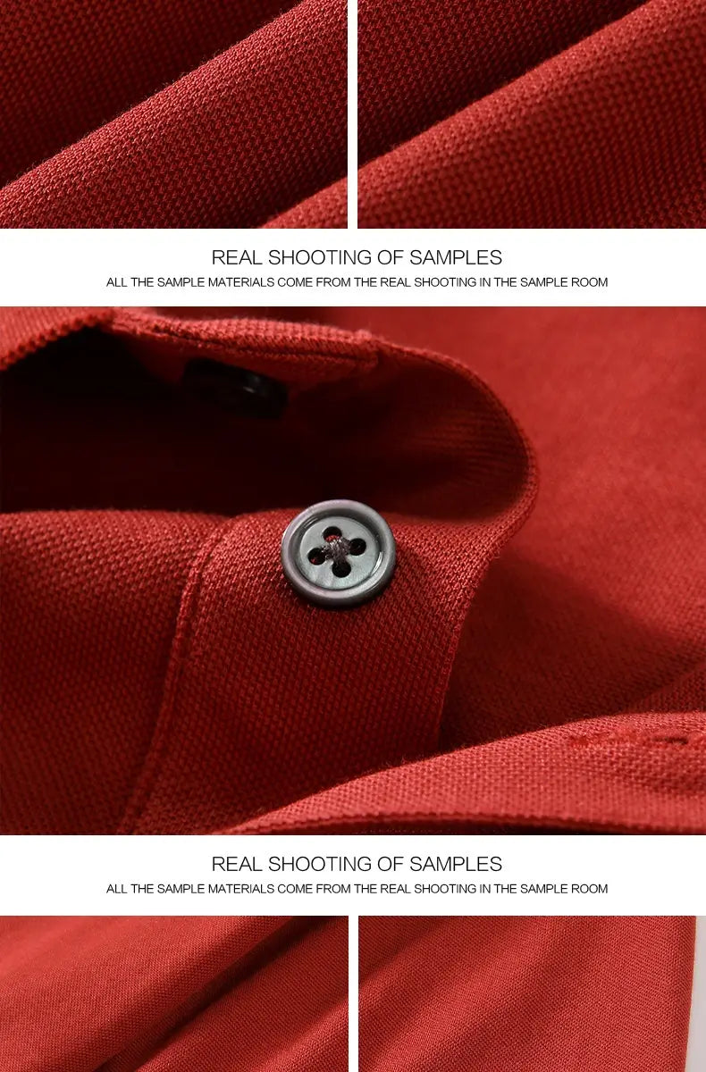 Rotes strukturiertes Baumwoll-Poloshirt für Herren mit Kurzärmeln und dunkelgrauem Vierloch-Knopf, geeignet für Arbeitskleidung.
