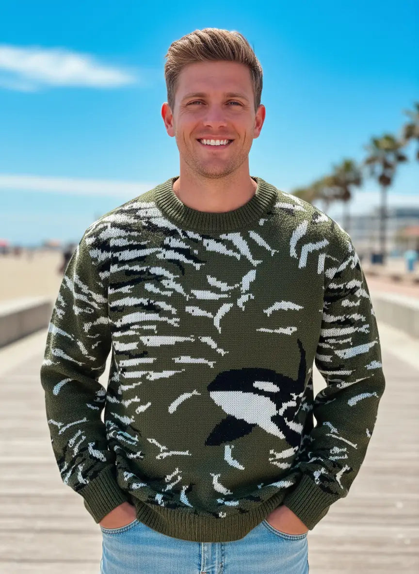 Strickpullover in Olivgrün mit einem markanten Schwarz-Weiß-Orca-Design, umgeben von stilisierten Fischmustern im Casual-Koreanpullover-Stil.