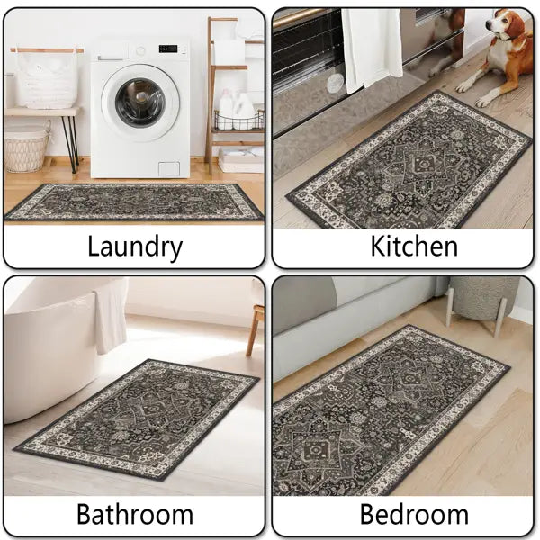 Juego de alfombras de cocina bohemias lavables de color gris oscuro elegante, con un corredor antideslizante de tres piezas con patrón tradicional intrincado y diseño con bordes, mostrado en diversas configuraciones de habitación.