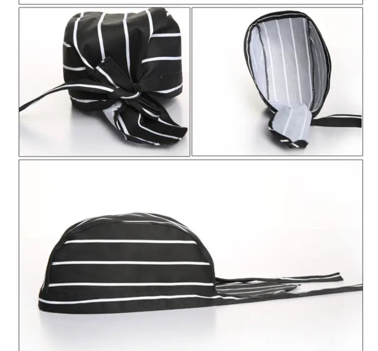 black and white striped adjustable chef hat with a tied bow at the back shown from the rear view for kitchen work use