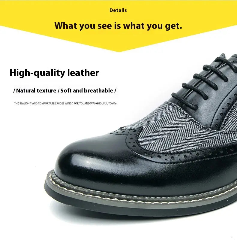 Men’s Korean style woven leather brogue high top shoes with brown and gray herringbone wingtip polished accents