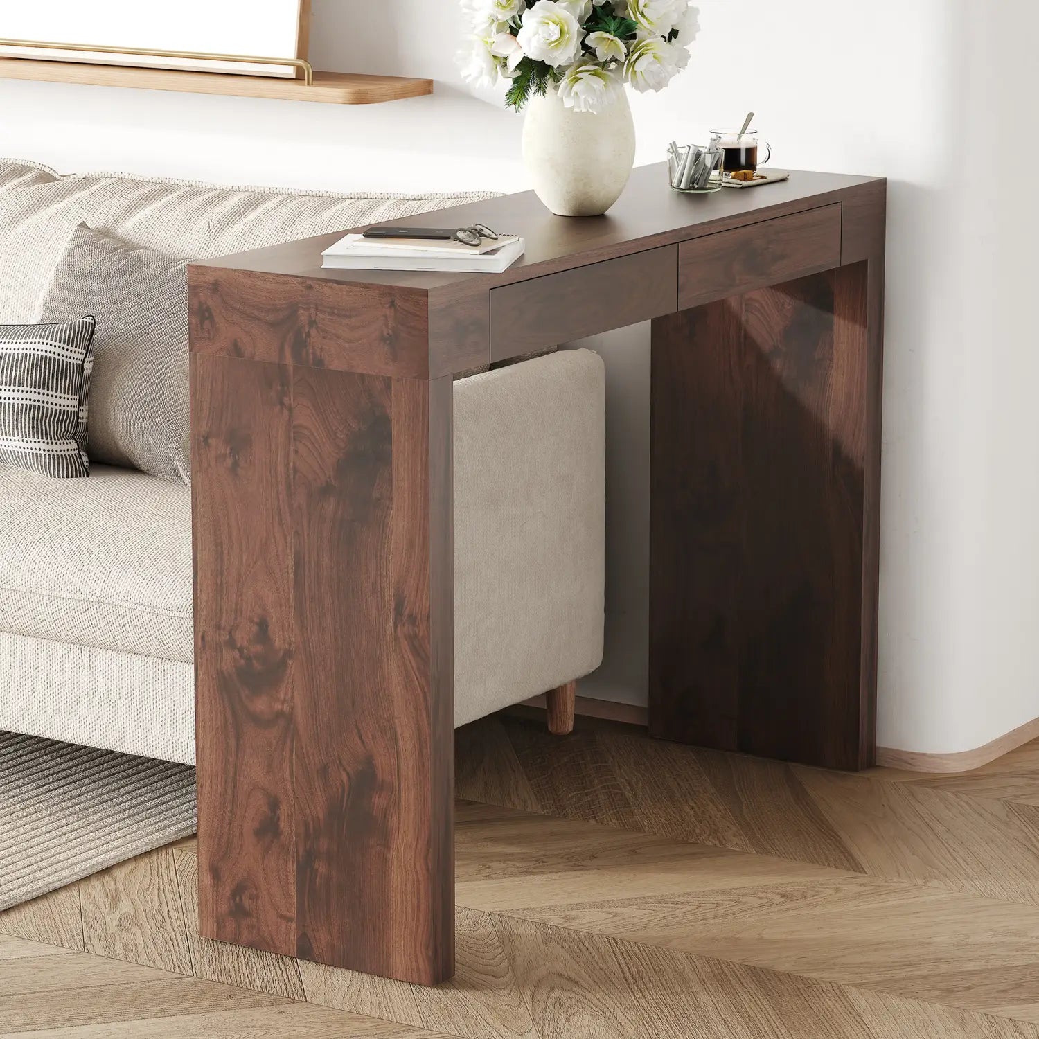 Dark brown walnut wood bar table with double drawers and a sleek minimalist design with visible wood grain, 50 inch console table.