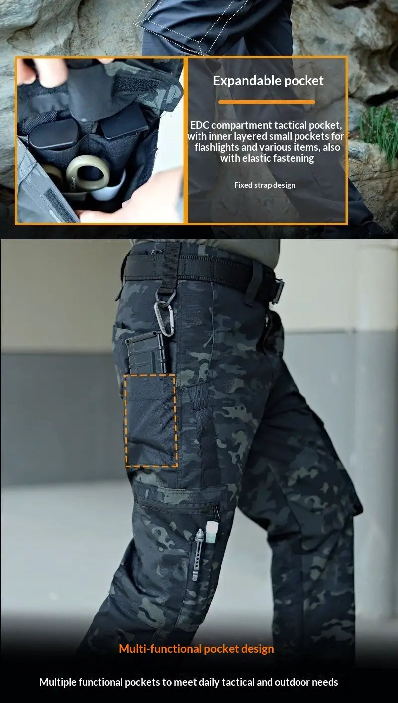 Black camouflage tactical cargo pants for men featuring multiple functional pockets and fixed strap design ideal for summer use.