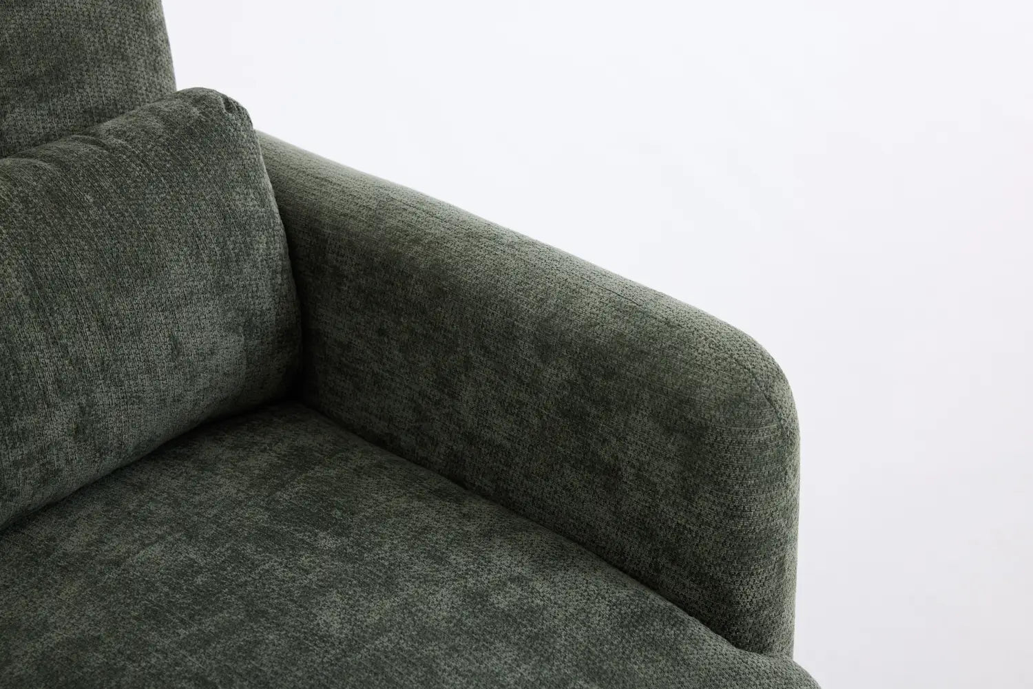Dark green boucle fabric accent chair featuring plush cushioning and a modern minimalist upholstered design.