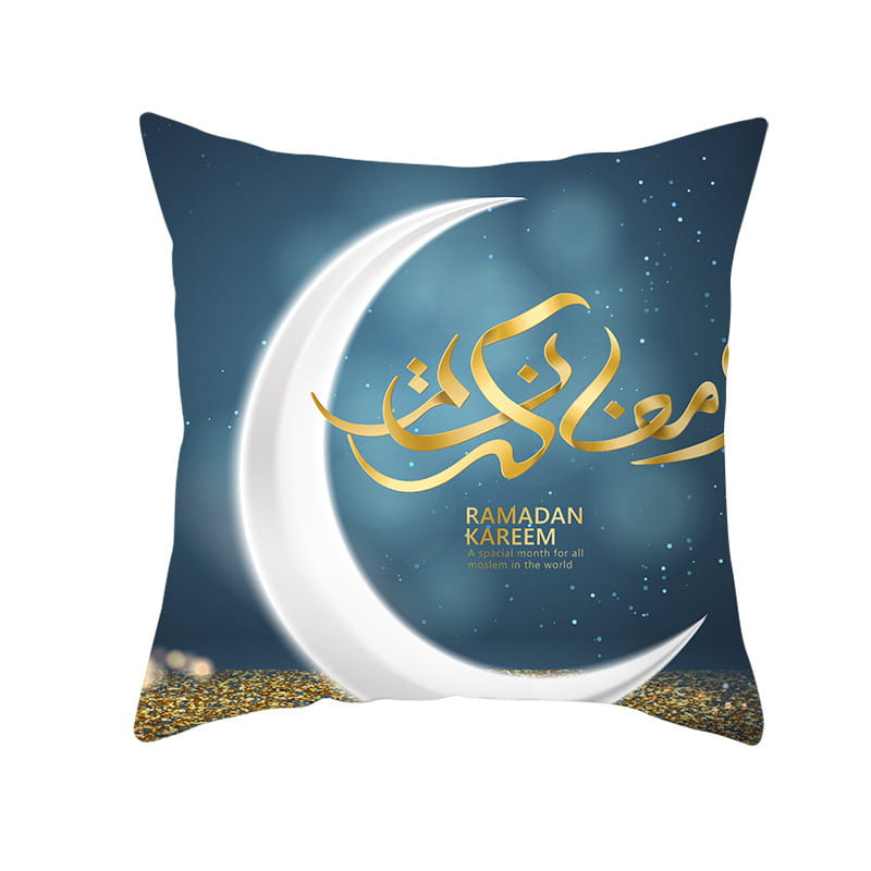 Funda de cojín cuadrada de Ramadán Kareem azul y oro para linterna Eid, con un fondo azul profundo, luna creciente blanca y caligrafía árabe dorada sobre el texto en inglés, acentuada con detalles sutiles tipo estrellas.
