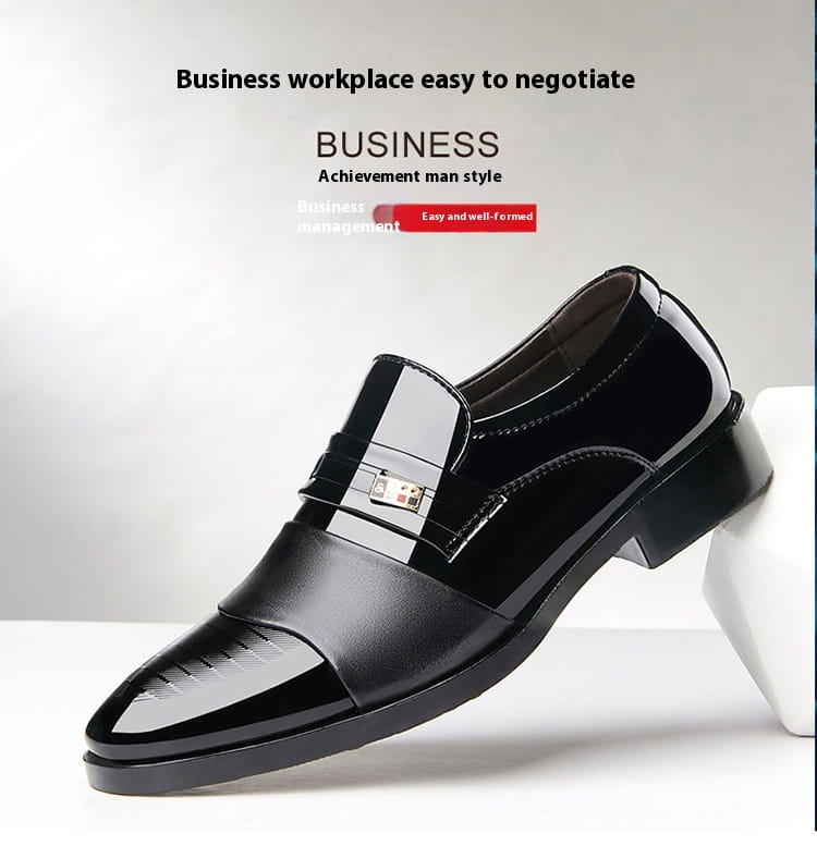 Men’s black patent leather lace-up dress shoes with glossy finish and gold-tone buckle for business and formal wear