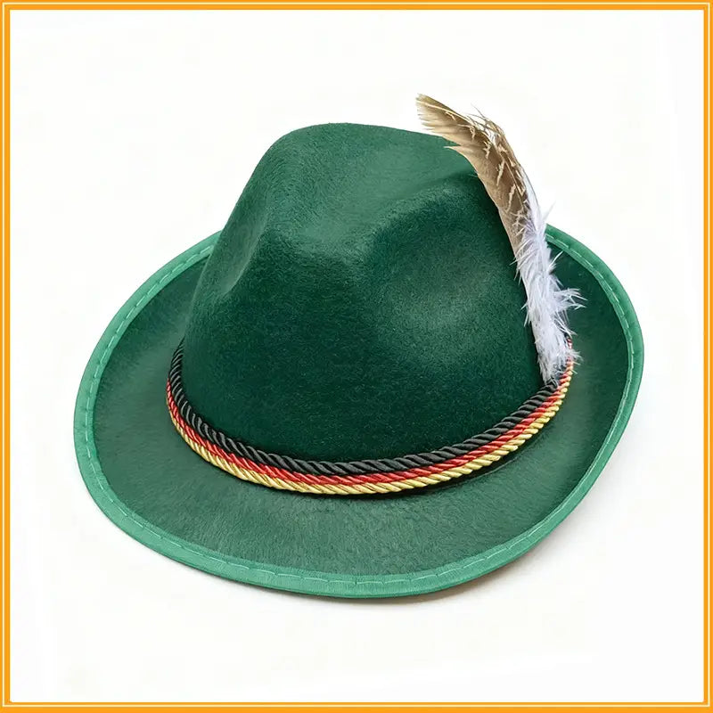 Deep green men wool fedora hat with a feather accent and decorative braided red yellow and black cord band.