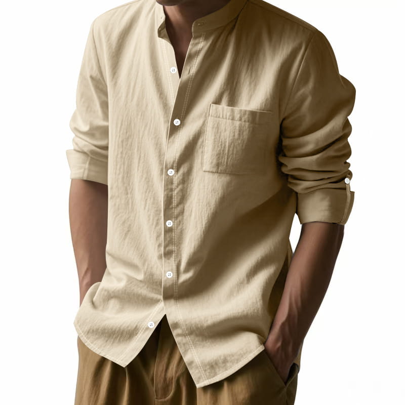 Beige linen men’s casual shirt with button-down front chest pocket and rolled-up long sleeves.