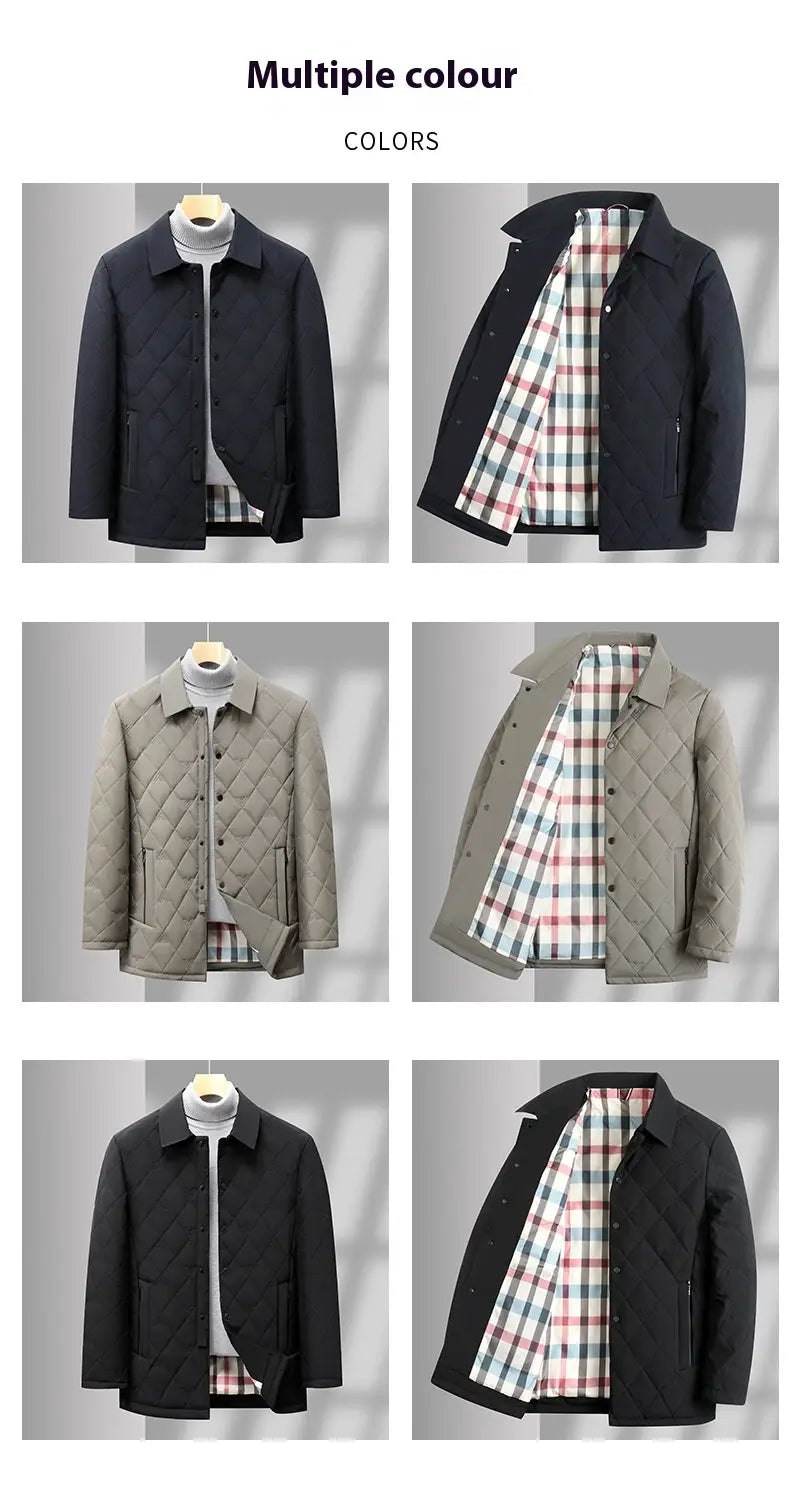 Chaqueta acolchada de trabajo para hombres con exterior oscuro y forro de cuadros rojo, blanco y verde.