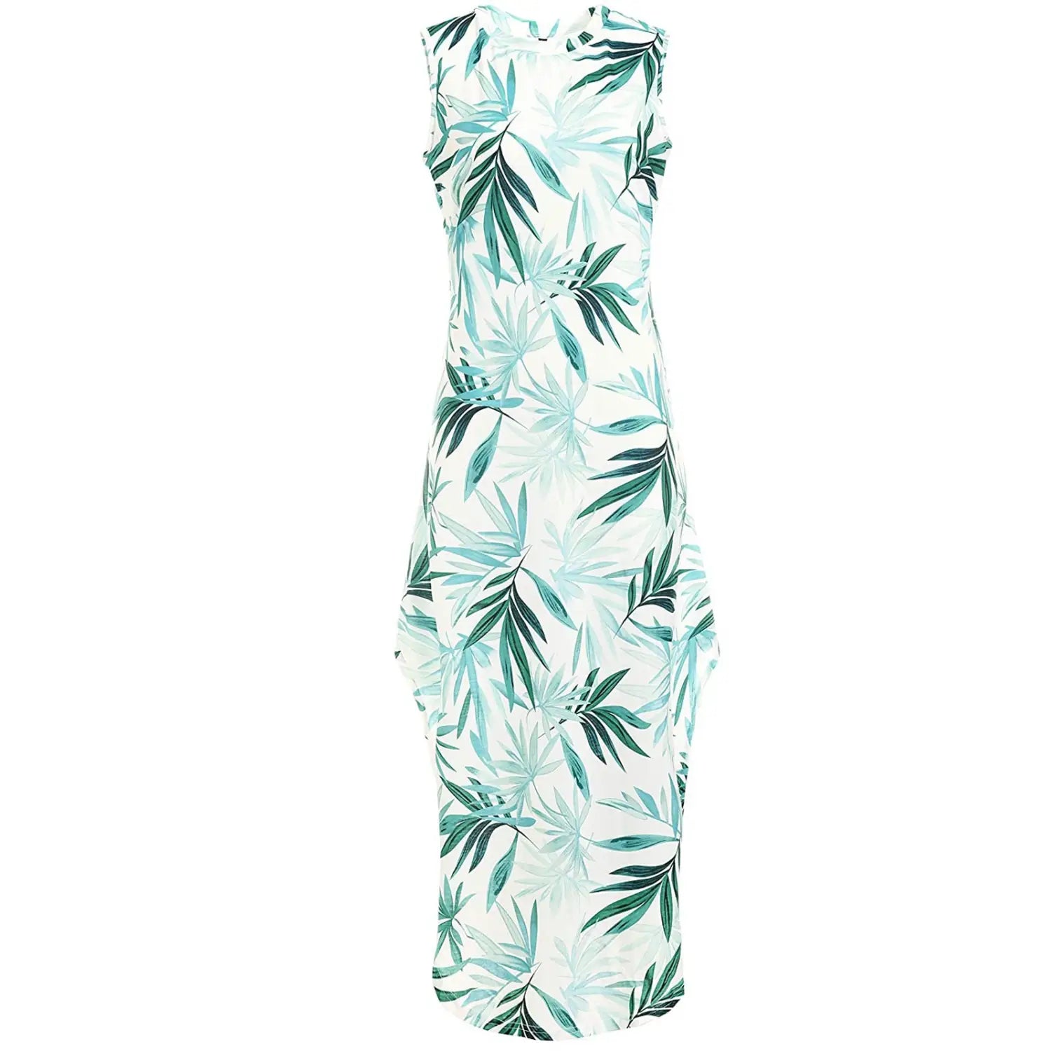 a sleeveless form-fitting midi dress in white with a vibrant green tropical leaf pattern featuring an irregular hem perfect for summer occasions
