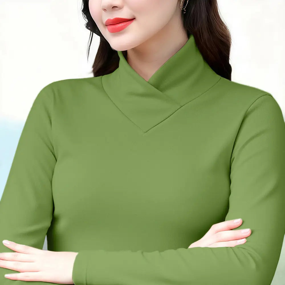 Olive green Dralon turtleneck thermal base layer top with long sleeves soft smooth fabric and a flattering v-neckline design.
