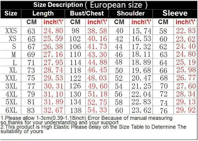 Europäische Größentabelle für Kleidung mit Brust-, Schulter-, Ärmellängen- und Längenmaßen in Zentimetern und Zoll für Größen von XXS bis 6XL für den Patchwork-Blumensweater im Retro-Stil, Damen-Pullover.