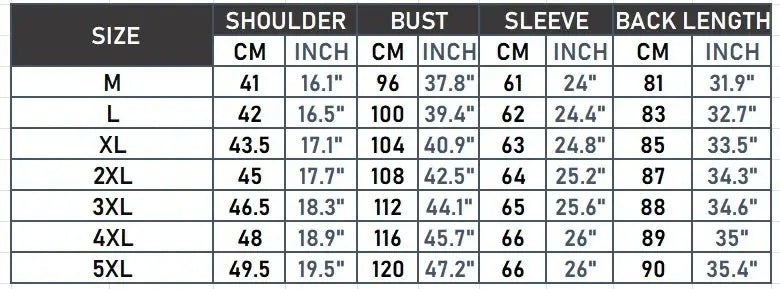 Size chart for reversible fur collar quilted parka for women showing measurements in centimeters and inches from size M to 5XL.