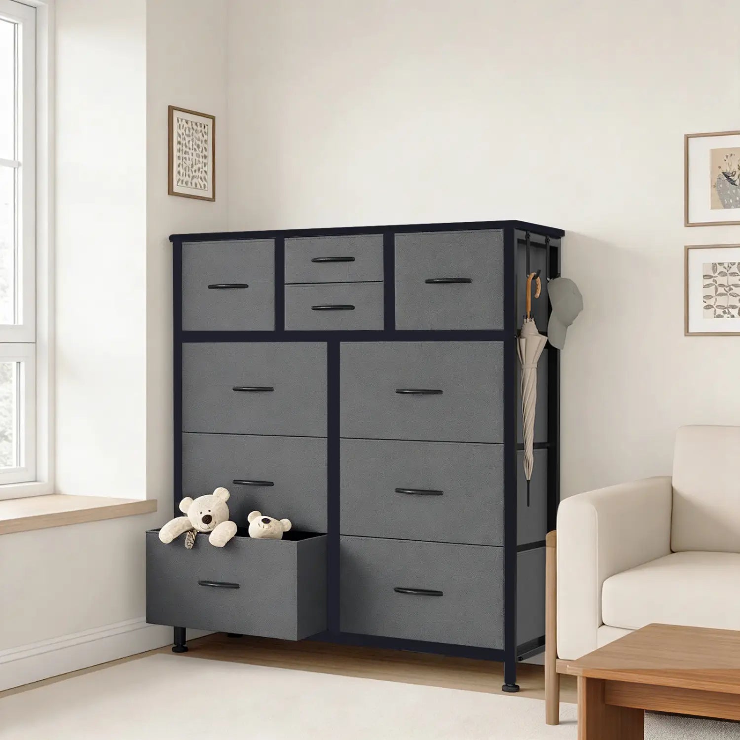 Gray 10-drawer fabric dresser with black metal frame and handles featuring side pockets and hooks for organized storage.