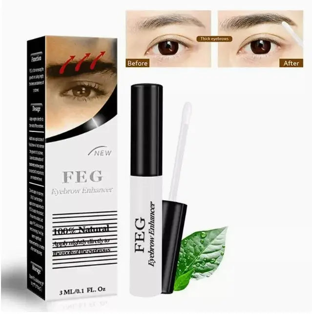 black and white feg eyebrow enhancer growth serum tube with clear applicator tip shown next to its packaging highlighting 100 percent natural claims for longer brows