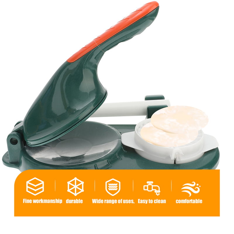 Dumpling maker 3 in 1 manual dough pressing tool with a green and orange sturdy handle designed for making dumplings and flatbreads.