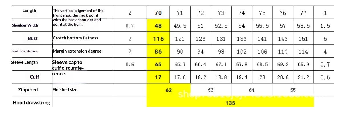 Table mise en évidence en jaune avec du texte noir affichant les mesures de taille du vêtement pour une veste à capuche zippée doublée de polaire pour homme.