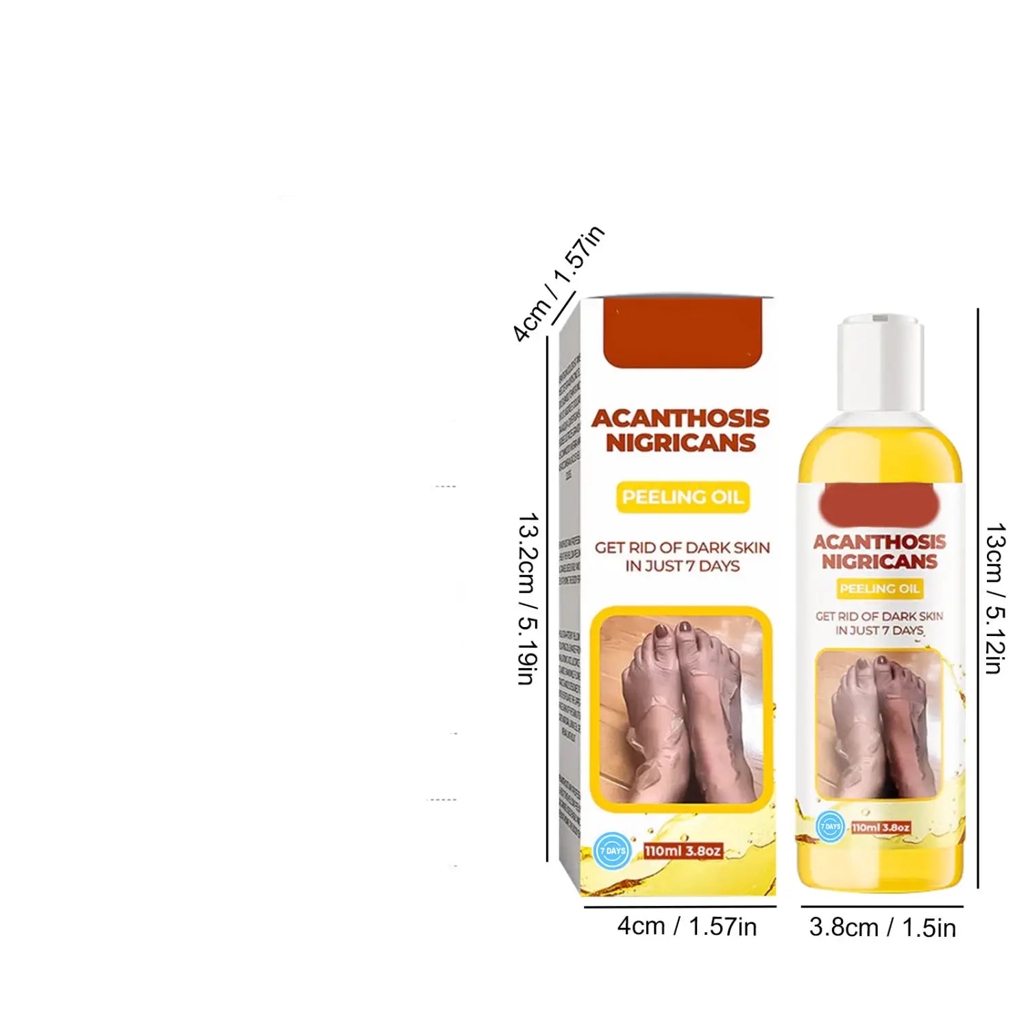 A clear bottle of acanthosis nigricans peeling oil for dark spots with a white cap and amber-colored liquid shown alongside its matching box.