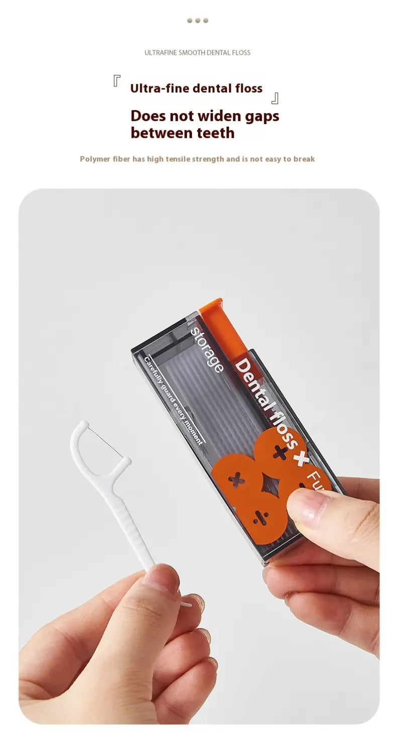 Caja portátil para hilo dental en naranja y blanco con un dispensador automático tipo palillo con abertura emergente para un uso conveniente en la higiene bucal.