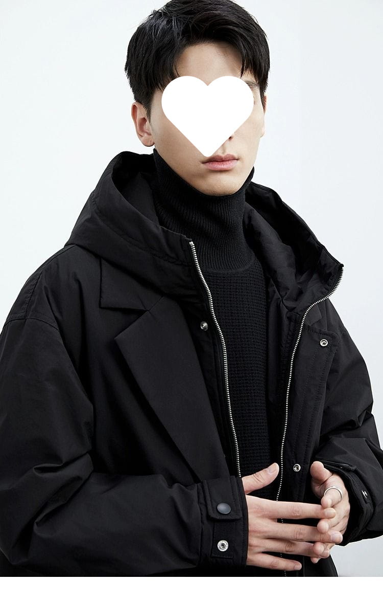 Black hooded puffer jacket with silver zipper and button details designed as a men hooded trench coat false two piece winter jacket.