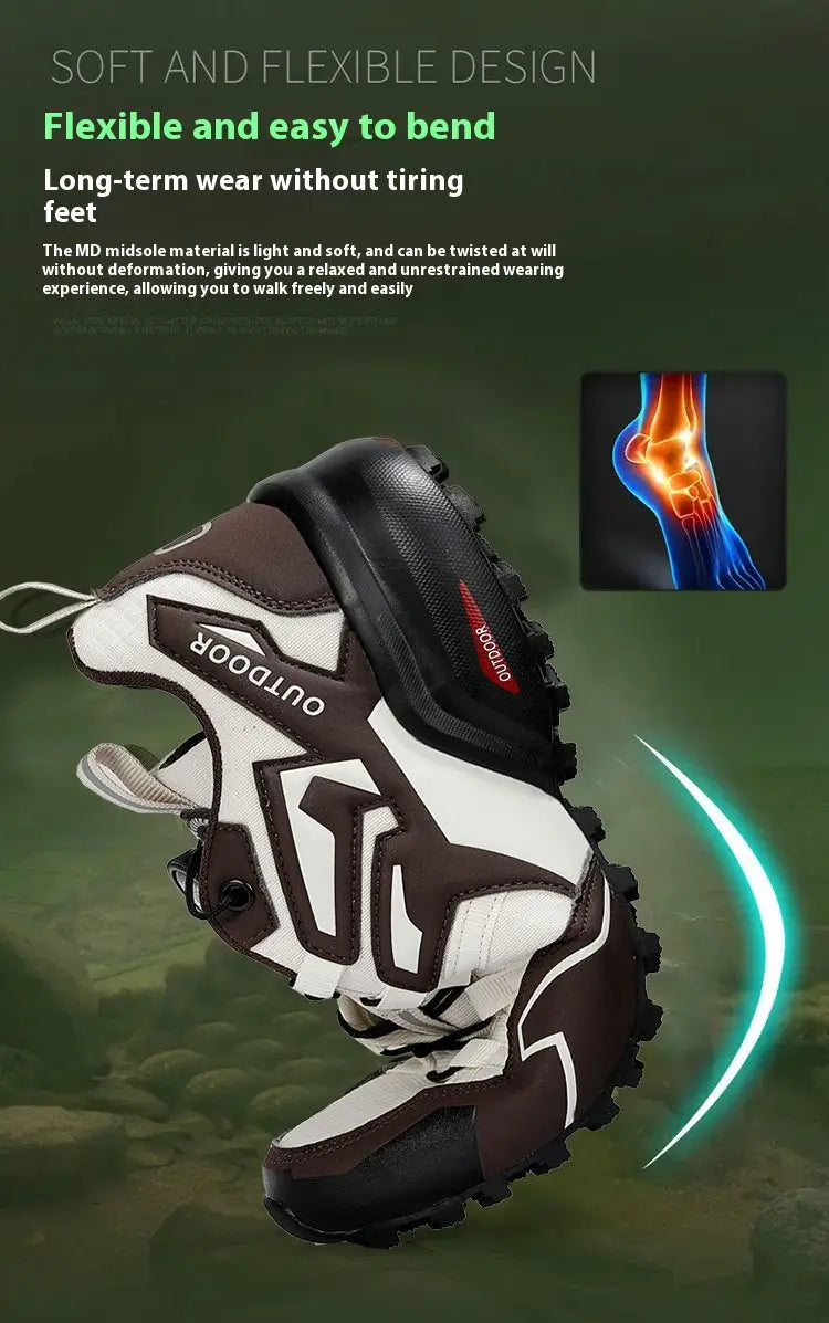 Brown and white lightweight off-road hiking boot with a flexible breathable design for outdoor use