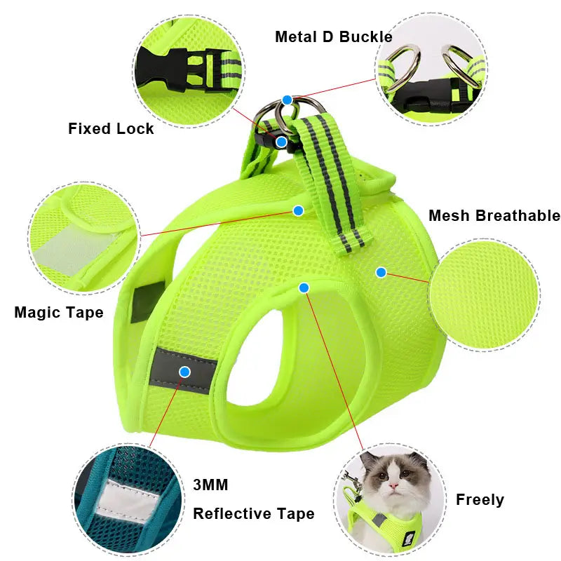 Bright neon green mesh cat harness with black trim and reflective tape designed for safety during pet walking.