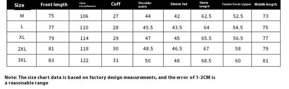Size chart for cotton linen m65 safari jacket displaying garment measurements in centimeters for sizes m through 3xl.