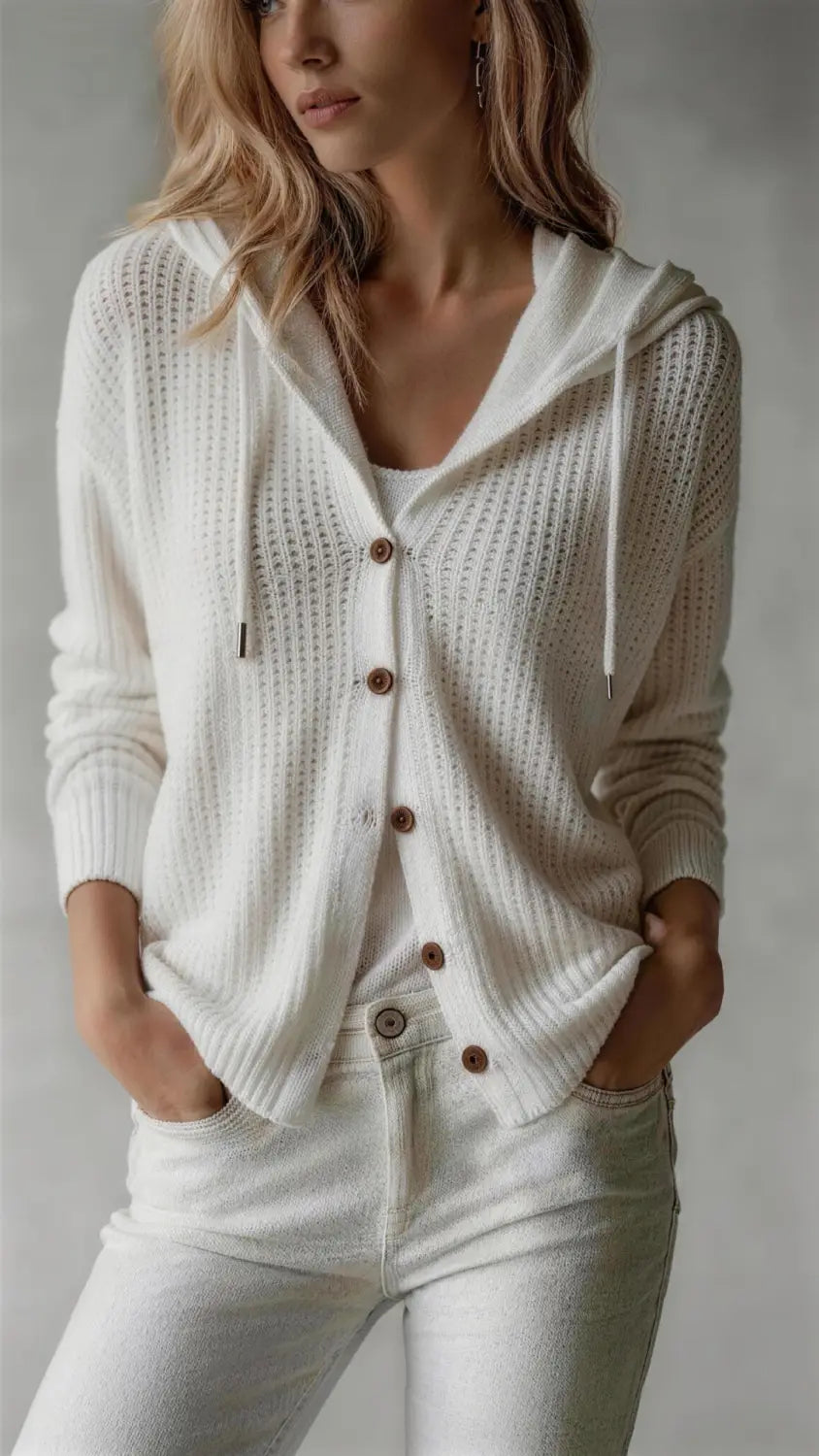 Weißer Strick-Cardigan mit Kapuze, braunen Knöpfen und einem strukturierten offenen Strickmuster, ideal als Damenpullover mit weitem Schnitt.