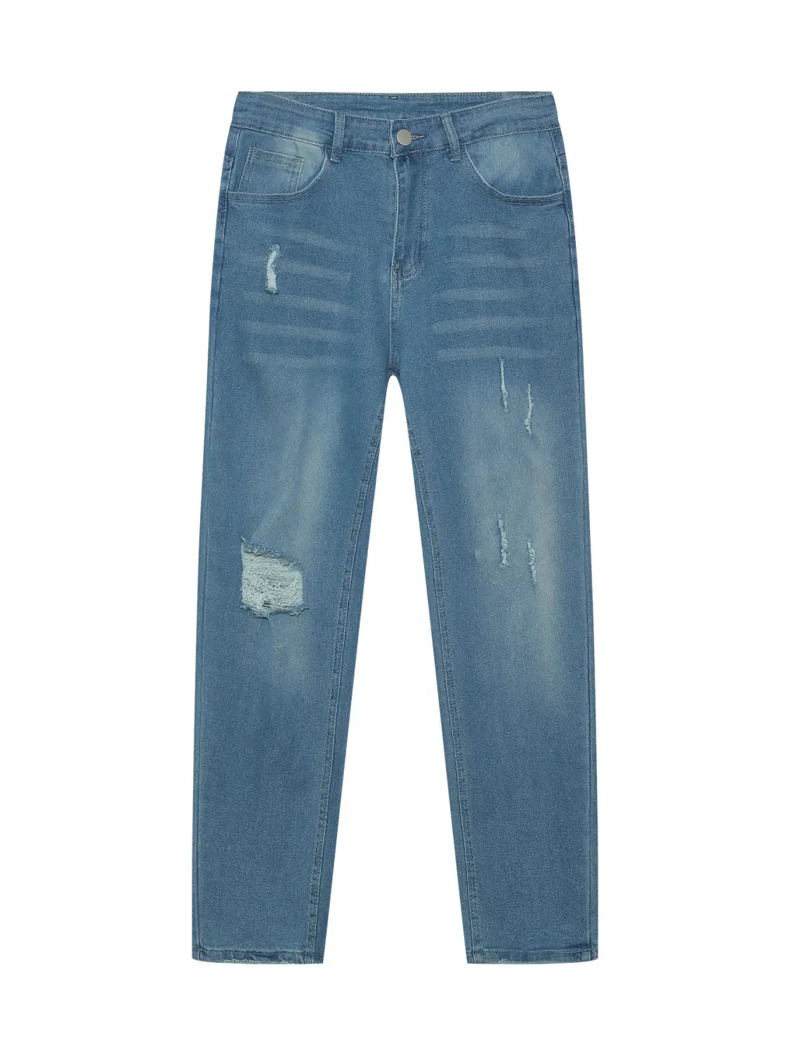 Light-wash men’s distressed slim fit stretch denim jeans with ripped details on the thighs and knees.