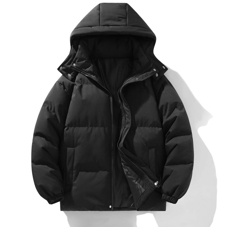 Black insulated hooded quilted puffer jacket designed for outdoor sports with a durable quilted design and warm material.