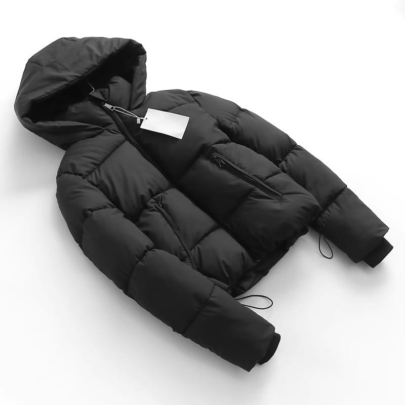 Black hooded puffer cotton coat featuring a quilted design and front zipper closure.