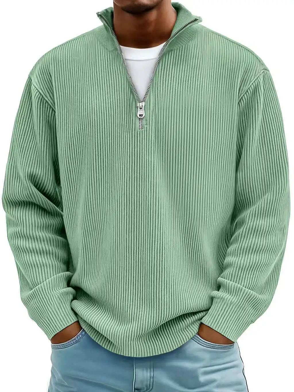 Men’s ribbed knit half zip corduroy polo sweatshirt in soft mint green with a silver zipper and subtle vertical texture.
