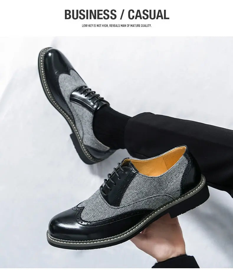 Men’s Korean style woven leather brogue high top shoes with brown and gray herringbone wingtip polished accents