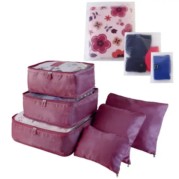 set of mauve water resistant travel packing cubes and pillows with floral patterned storage bags for organized travel and storage