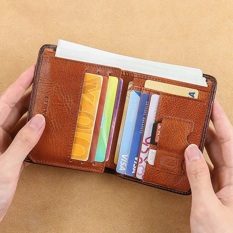 Men’s RFID leather wallet in brown with multiple card slots and a textured surface featuring a zip coin pocket.