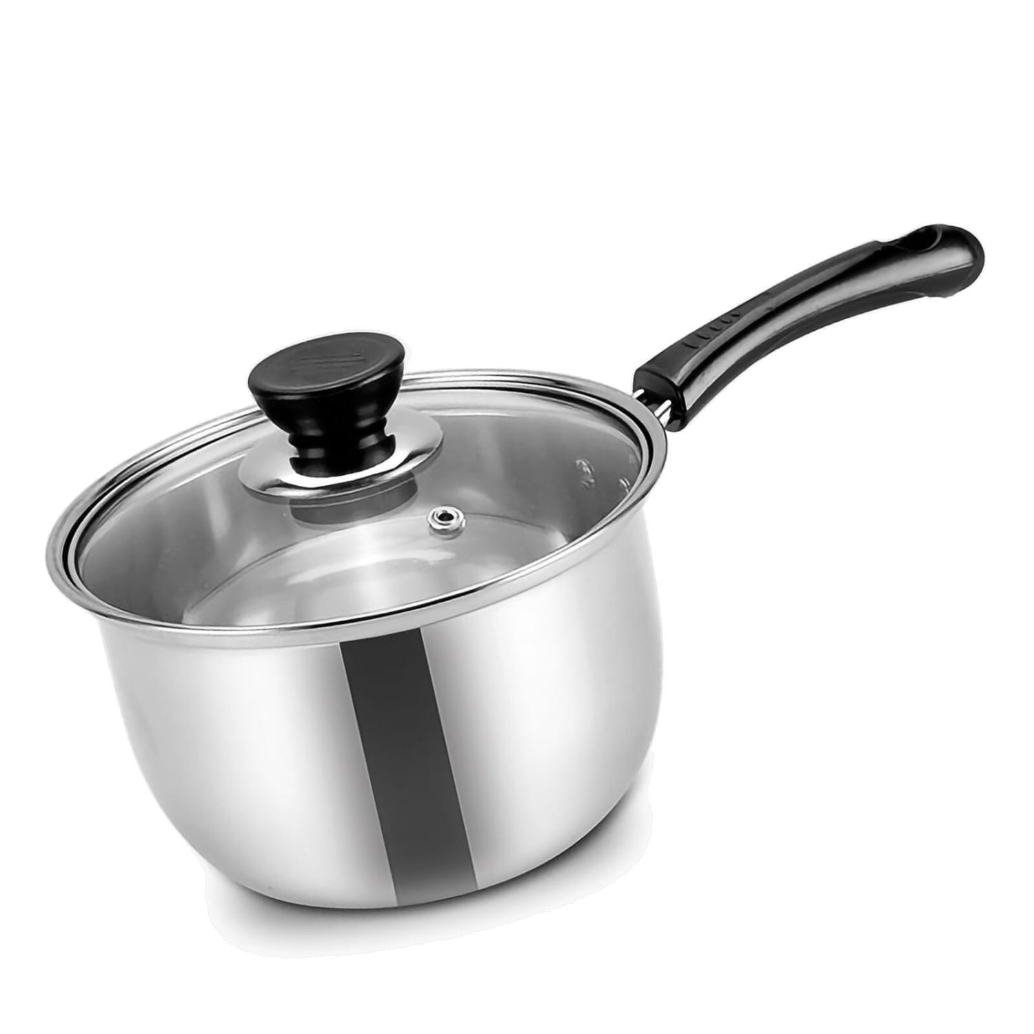 Cazo de acero inoxidable con asa negra y tapa de vidrio con pomo negro de un juego de utensilios de cocina de acero inoxidable para inducción con tapas de vidrio.